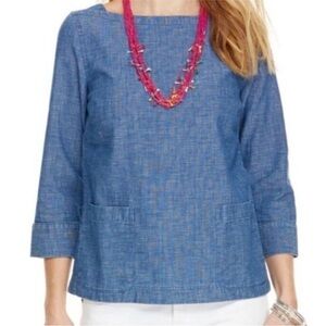 Vineyard Vines Blue Chambray Boatneck Boxy 100% Cotton Blouse Size Medium